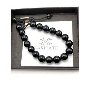 Caritate Branded Bracelet Polished Black Gemstone Beads + Adjustable Cord Unisex